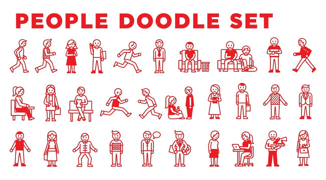Vector illustration set of thirty red doodle line drawings of people in diverse poses and activities, including walking, sitting, reading, talking, working, and social interaction for design, educatio