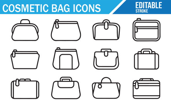 Editable stroke cosmetic bag line icon set.