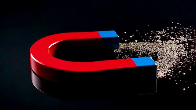 Red and blue horseshoe magnet pulling metallic particles through dark space, magnetic force effect, attraction motion, and physics concept