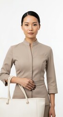 Confident Asian Woman in Professional Attire Holding a Stylish Handbag.