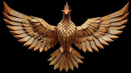 Fototapeta premium Gold origami phoenix with spread wings on dark background. It shows a symbol of rebirth or power for design purposes.