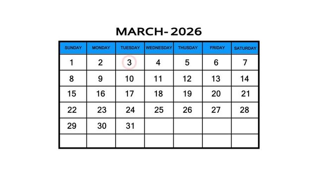 The calendar of march month 3th day is red circled, looped animation. A very important date in the calendar. Signing a day on a calendar. white background
