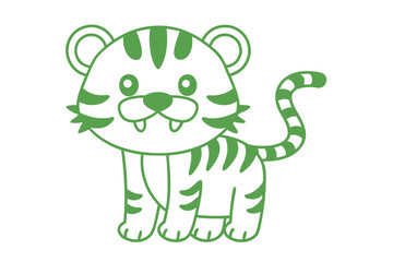 Fototapeta premium A cute green outline cartoon tiger playfully stands with its striped tail showing