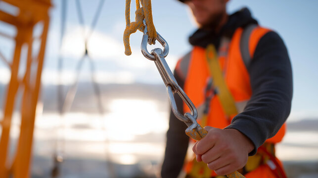 A safety inspector evaluates a fall arrestor device with hooks at a building site, emphasizing the importance of regular inspections in maintaining safety standards and preventing workplace