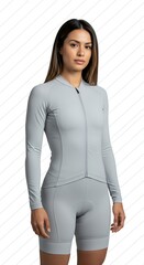 Confident Woman in Athletic Cycling Gear Posing on White Background.