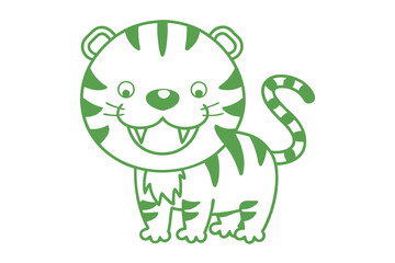 Naklejka premium Cartoon tiger displaying two sharp teeth stands proudly, outlined in monochrome green hue