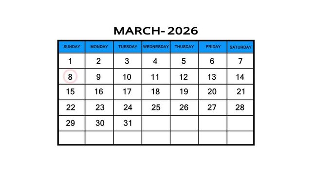The calendar of march month 8th day is red circled, looped animation. A very important date in the calendar. Signing a day on a calendar. white background
