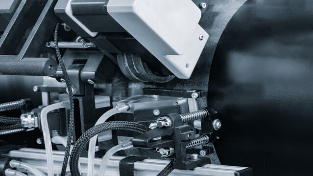 Ultrasonic and X-ray industrial equipment for testing the quality of a weld on a large diameter metal pipe, industrial concept