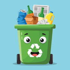 Green Recycling Bin with Trash