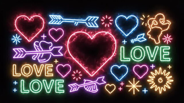 Neon Valentine's Day Pattern - A vibrant video showcases a pattern of neon hearts, arrows, cupid figures, and the word "LOVE" against a dark backdrop.