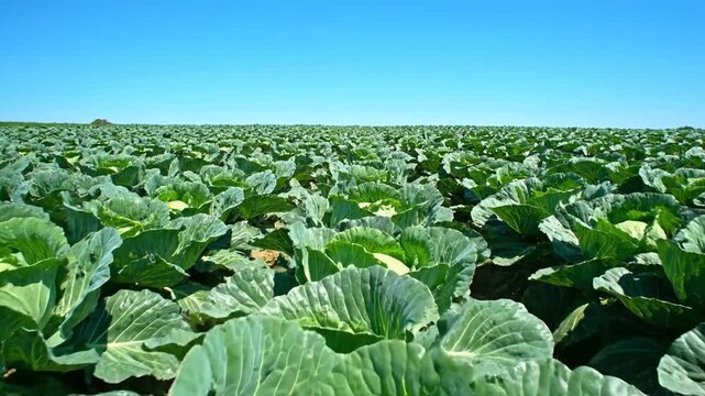 A rural landscape of growing cabbage plants in neat rows across a summer vegetable farm under a clear blue sky captures the growth of nature in the agricultural countryside