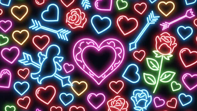 Neon Valentine's Day Display - A festive Valentine's Day arrangement of brightly colored neon lights depicting hearts, roses, arrows, and Cupid.