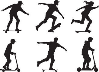 Fototapeta premium Skateboarders and scooter riders in motion silhouettes shilehute vector for youth culture and extreme sports commercial design assets