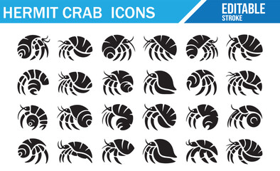 Fototapeta premium Set of black silhouette hermit crab icons. Vector illustration collection of marine animals with editable stroke.