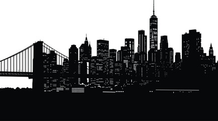 Fototapeta premium Urban city skyline silhouette with suspension bridge and modern skyscrapers illustrating metropolitan architecture, nightlife, and iconic downtown atmosphere