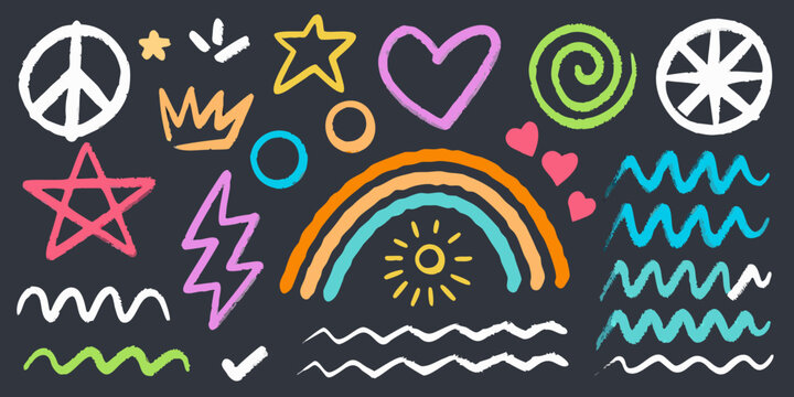 Colorful chalk doodles and symbols on a dark chalkboard background