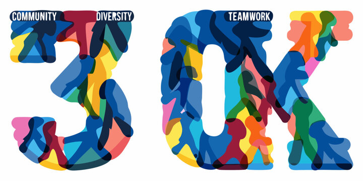 Colorful illustration displaying the number 30k with diversity and teamwork themes