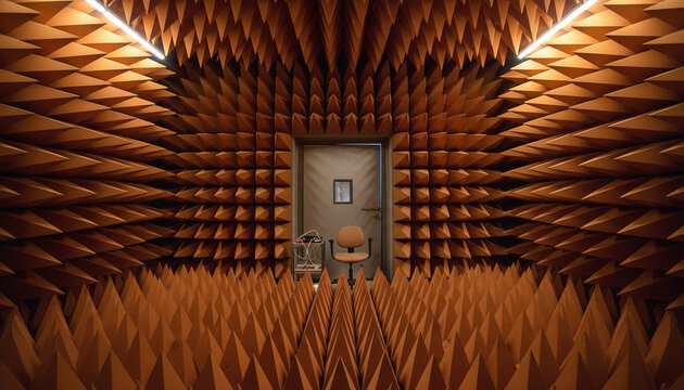 Acoustic anechoic chamber interior lined with orange soundproofing foam wedges