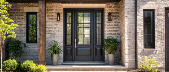 Obraz premium Modern house with large windows and wooden facade in a green garden residential architecture minimalist style