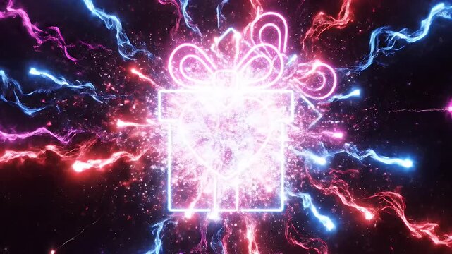 Neon Heart in Gift Box with Sparkles - This video features a neon heart exploding out of a gift box outlined in blue and pink neon. The background is a dark space filled with sparkler-like effects.