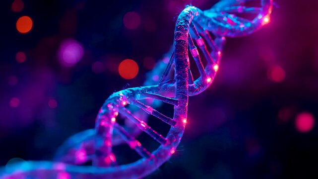 Glowing DNA double helix with neon particles, molecular genetics structure, scientific research visualization in vibrant purple light