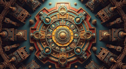 Fototapeta premium Intricate Ancient Aztec Calendar Wheel Symbol with Ornate Golden Details and Teal Background