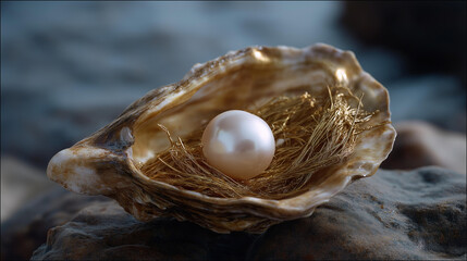 Obraz premium A pristine lustrous pearl nestled in an oyster shell evokes thoughts of treasure hunting, allowing for unique branding opportunities in jewelry, ocean conservation, and marine-focused educational