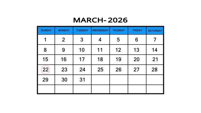 The calendar of march month 22th day is red circled, looped animation. A very important date in the calendar. Signing a day on a calendar. white background
