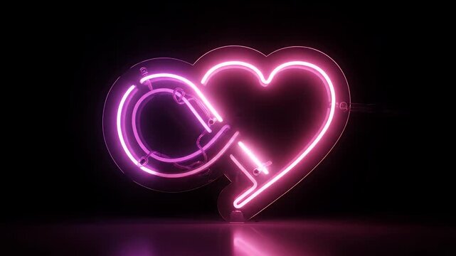 Pink Neon Intersex Heart Symbol - A brightly lit intersex symbol is connected to a heart symbol, both made of pink neon tubes.
