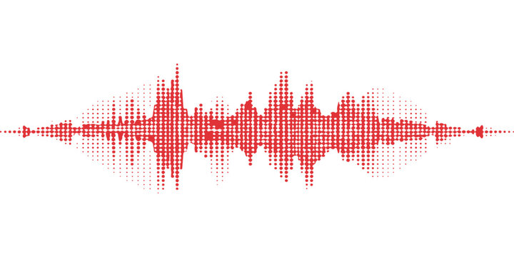 A digital technology illustration featuring a red pulse heart and heartbeat waveform on a blue electronic cardiogram graph with audio frequency equalizer lines and a music disco backdrop design