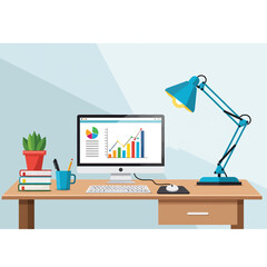 Modern Office Workspace with Computer and Charts