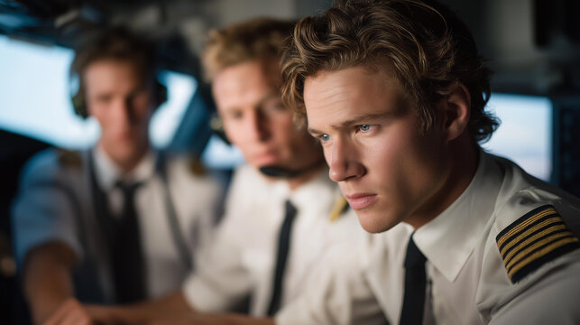 A group of pilots prepares for takeoff, discussing jet aircraft specifications while examining flight plans in the cockpit, showcasing teamwork and professionalism in the aviation industry.