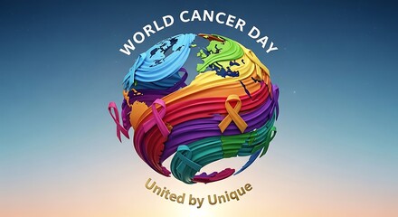 Vibrant world cancer day globe emblem with diverse ribbon elements and unity theme