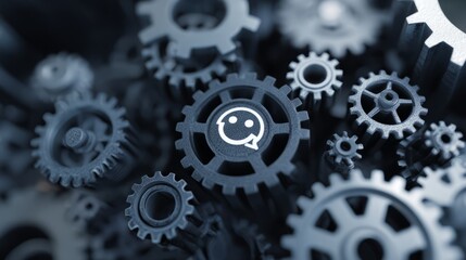 A photo of multiple large and small gears with a smiling chatbot icon on them represents the connection between business and artificial intelligence technology in customer service.