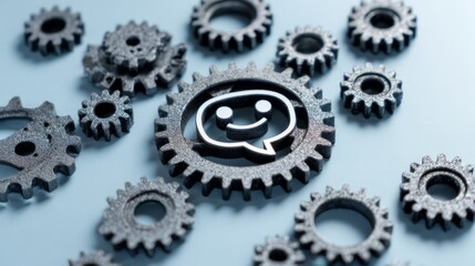A photo of multiple large and small gears with a smiling chatbot icon on them represents the connection between business and artificial intelligence technology in customer service.