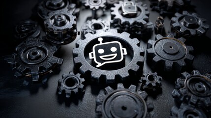 A photo of multiple large and small gears with a smiling chatbot icon on them represents the connection between business and artificial intelligence technology in customer service.