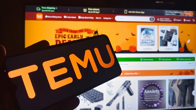 Hand holding phone with Temu logo on screen