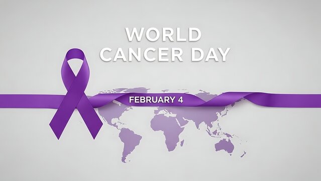 World cancer day awareness image with purple ribbon and map
