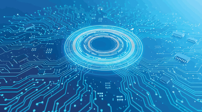 Futuristic CPU core with glowing concentric rings and radiating circuit lines connecting microchips, symbolizing data processing, digital infrastructure, and advanced computing in a high-tech blue env