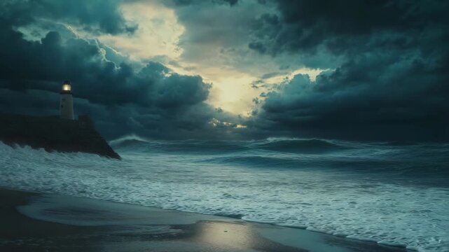 Stormy Ocean Waves with Lighthouse at Dusk Dramatic Coastal Landscape and Maritime Safety Concept