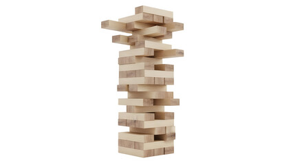 Precariously balanced wooden blocks tower stacked vertically, isolated on white or transparent background, ideal for strategy, risk, balance, and business concept visuals. PNG