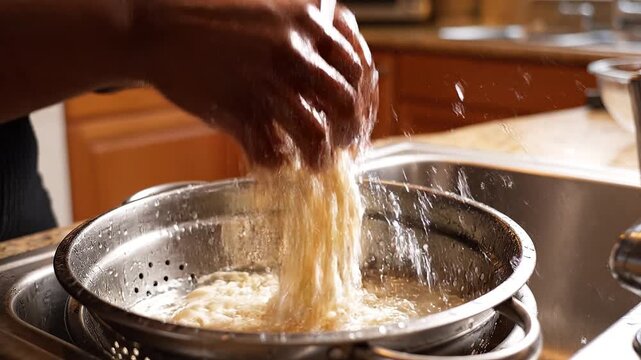 Food is being washed in a strainer under a stream of tap water