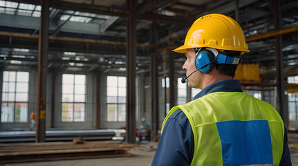Industrial Worker Wearing Safety Helmet and Headset in Modern Factory Environment