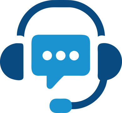 A blue headset with a speech bubble symbolizes communication and assistance online