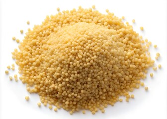 A large pile of small, round pearl couscous grains isolated on a clean white background, ready for cooking