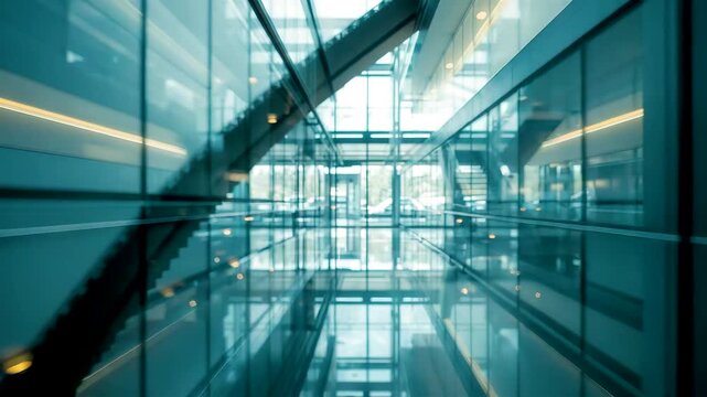 Glass corridor inside modern office building with reflective floor, steel structure and natural daylight creating a clean corporate interior scene