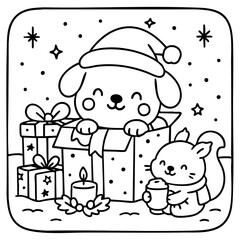 Fototapeta premium A festive illustration of a cheerful dog in a Santa hat peeking from a gift box, accompanied by a cute squirrel holding a cup, surrounded by holiday decorations.