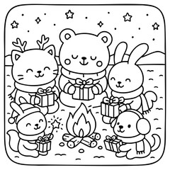 A cozy scene with cute animals around a campfire, enjoying gifts under a starry sky, perfect for a festive coloring activity.