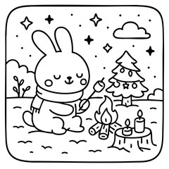 A cute bunny in a scarf, roasting marshmallows over a campfire, surrounded by trees and stars in a cozy winter scene.