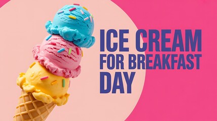Ice Cream for Breakfast Day with a stacked cone of colorful ice cream scoops and text.